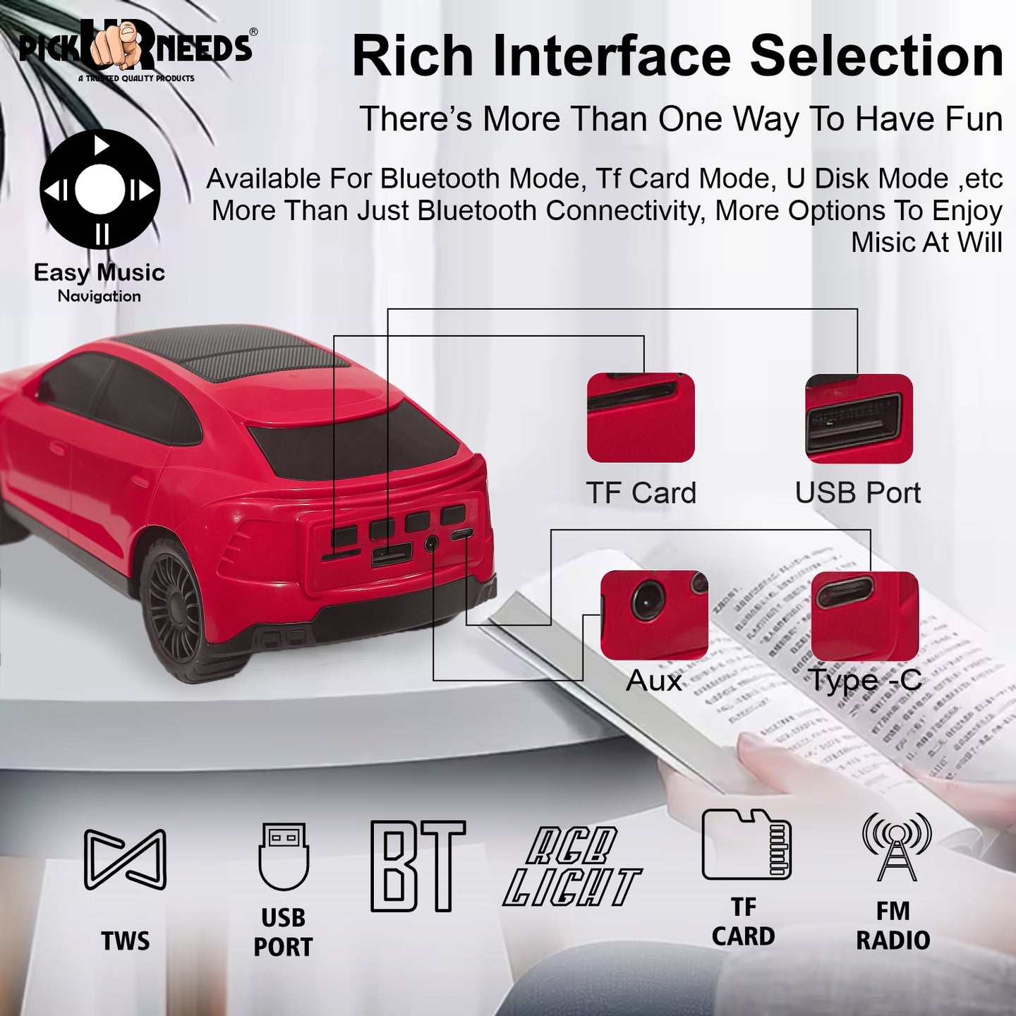 Pick Ur Needs Rechargeable Car-Shaped Speaker – RGB LED Light, USB/FM/SD Card, Type-C, 1200mAh
